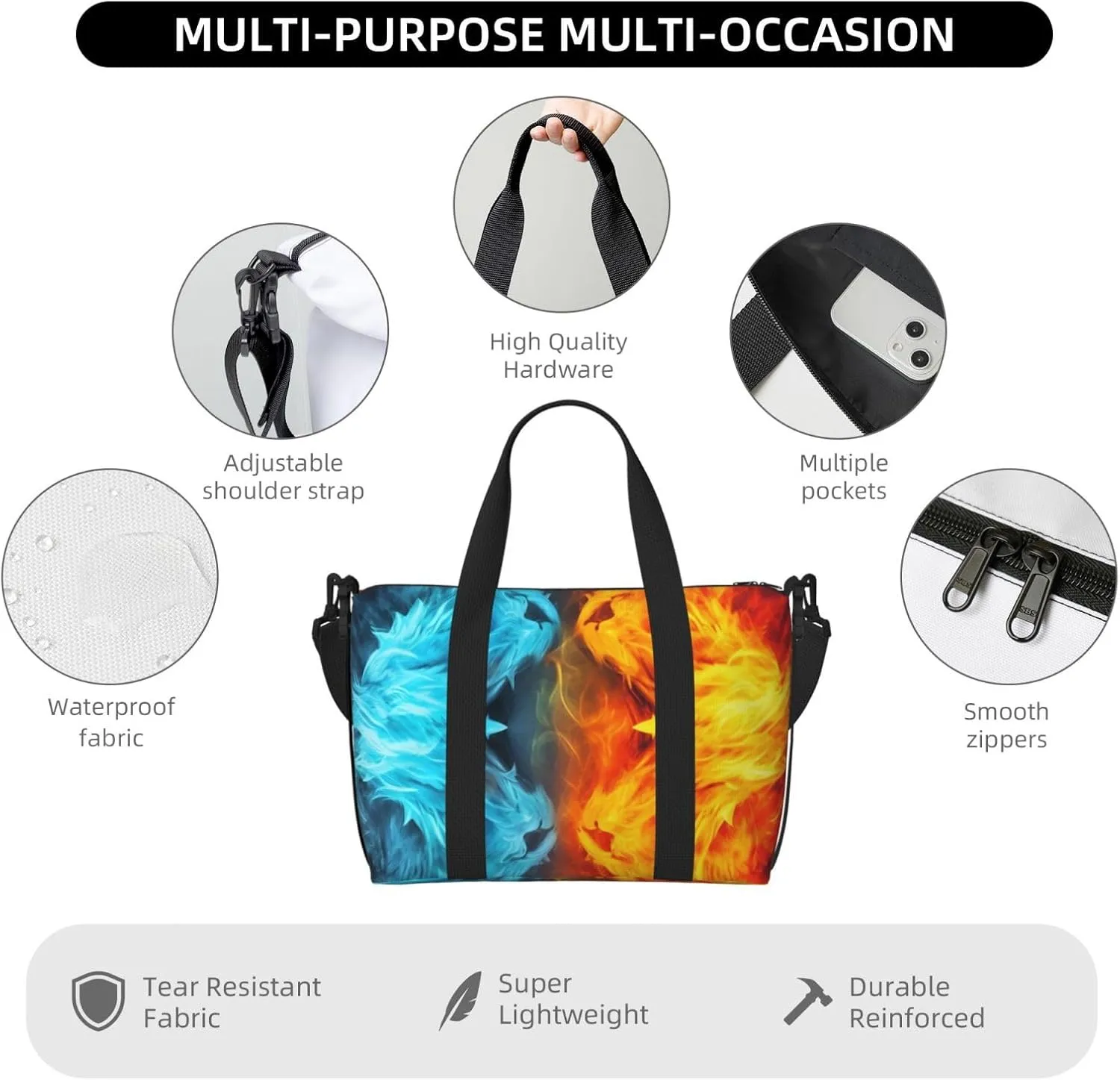 Sports Gym Bag for Women Men Travel Duffel Bag Tote Fire vs ice art Weekender Bag Canvas Carry on Overnight Bag for Travel Swimming Fitness Workout Sports Duffle Bag