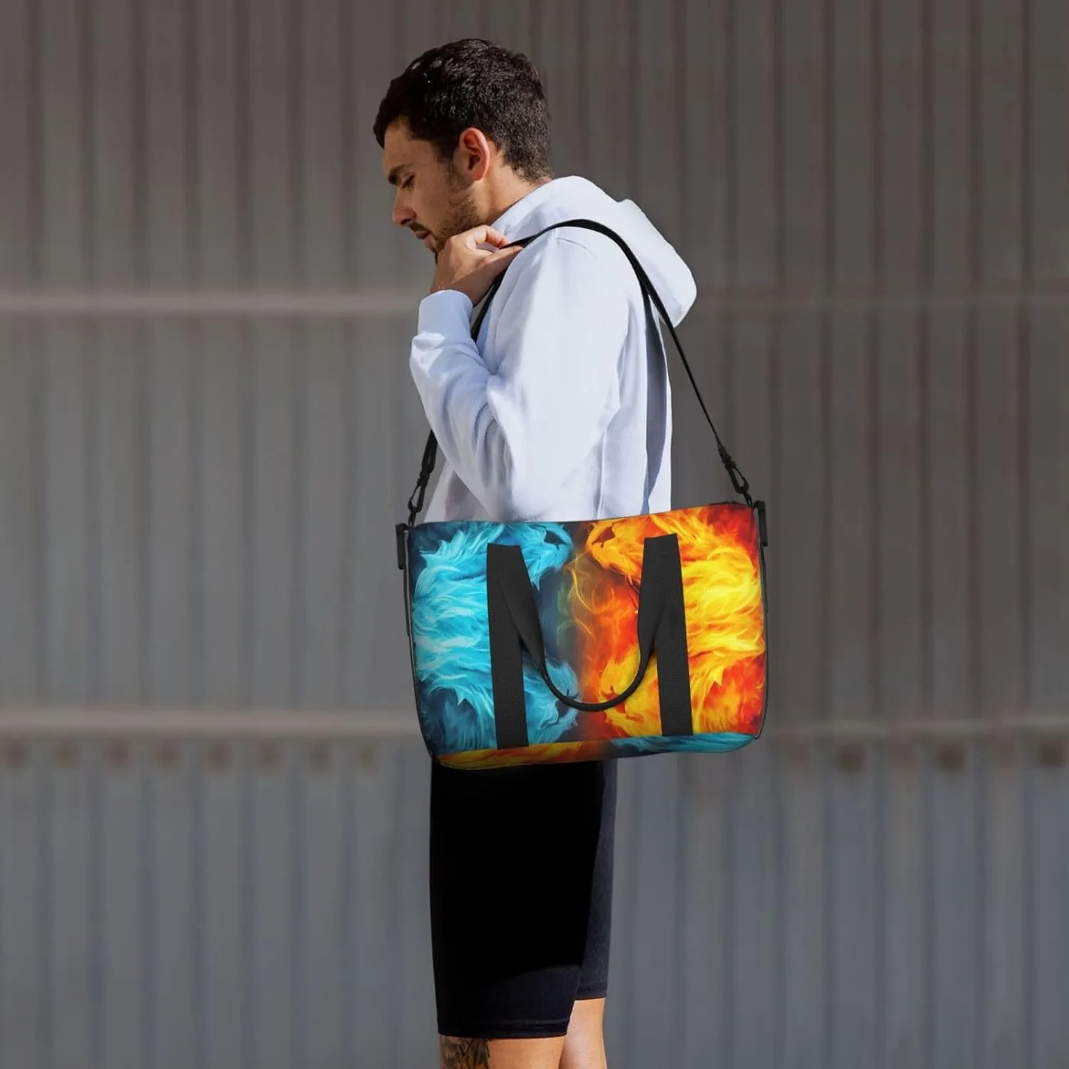 Sports Gym Bag for Women Men Travel Duffel Bag Tote Fire vs ice art Weekender Bag Canvas Carry on Overnight Bag for Travel Swimming Fitness Workout Sports Duffle Bag