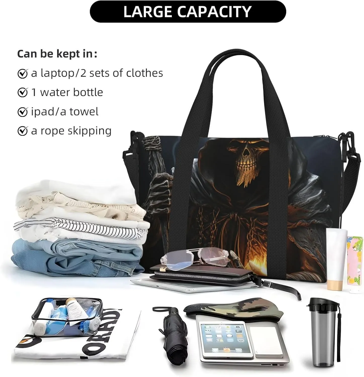 Sports Gym Bag for Women Men Travel Duffel Bag Tote Grim-Reaper Weekender Bag Canvas Carry on Overnight Bag for Travel Swimming Fitness Workout Sports Duffle Bag
