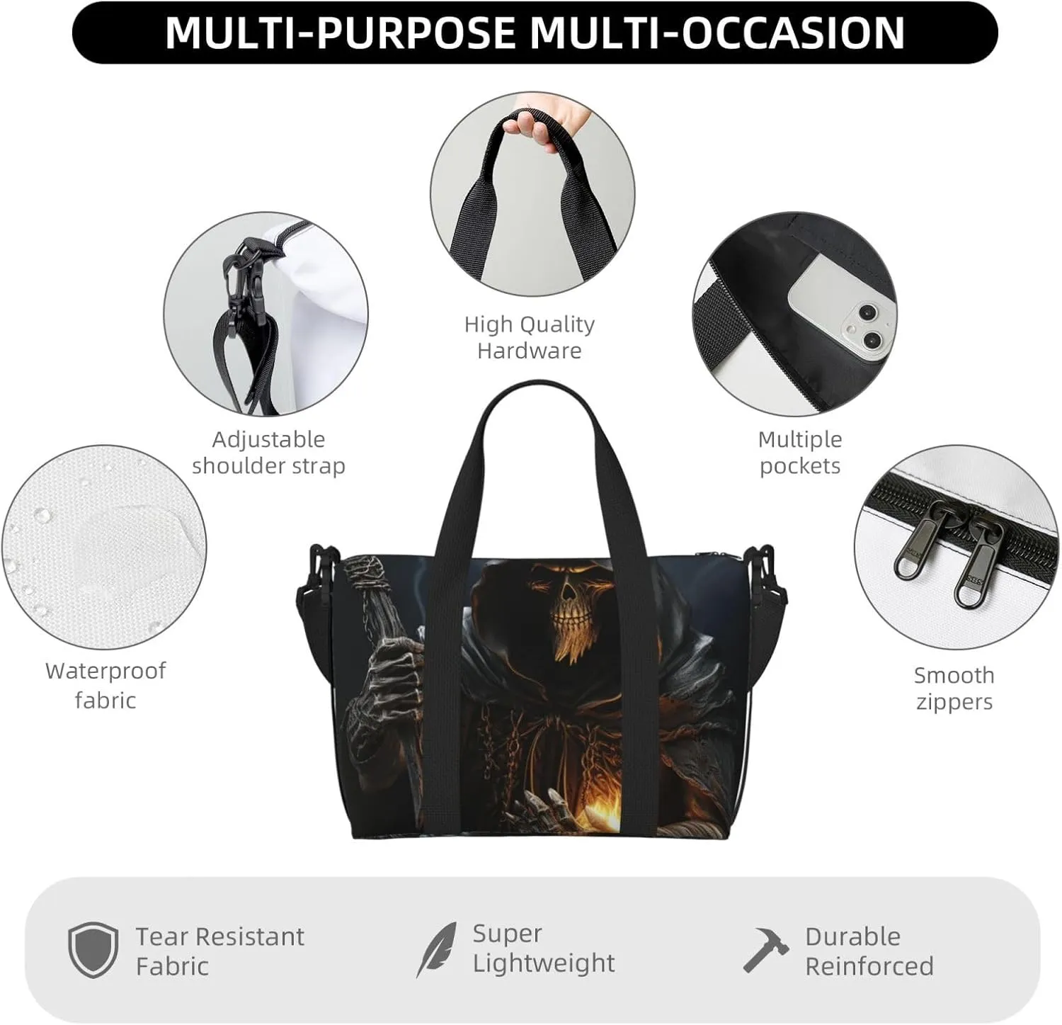 Sports Gym Bag for Women Men Travel Duffel Bag Tote Grim-Reaper Weekender Bag Canvas Carry on Overnight Bag for Travel Swimming Fitness Workout Sports Duffle Bag