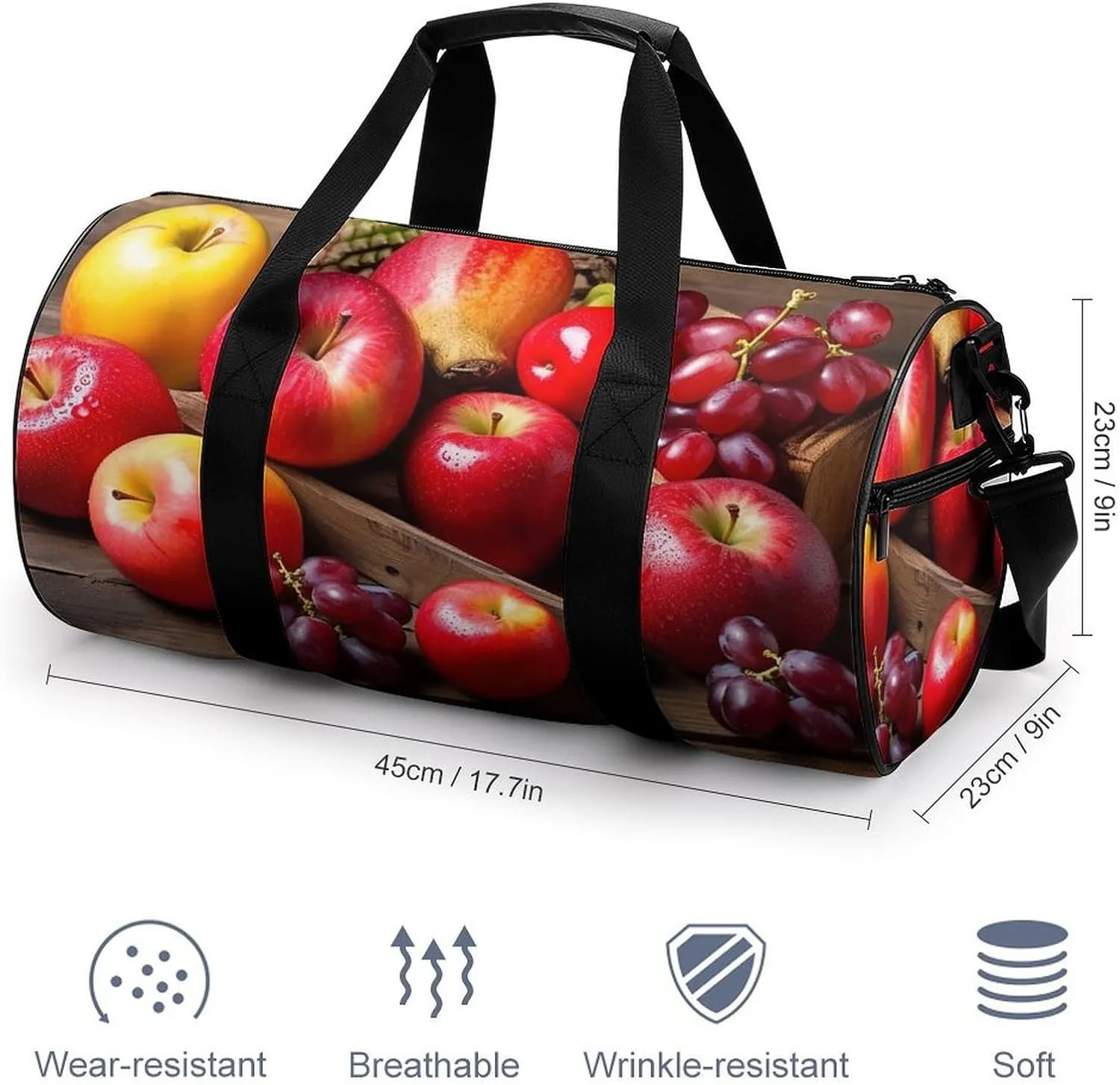 Sports Gym Bag for Women Men Travel Duffel Bag Tote Weekender Bag Fruits on Wood Carry on Overnight Bag for Travel Swimming Fitness Workout Sports Duffle Bag