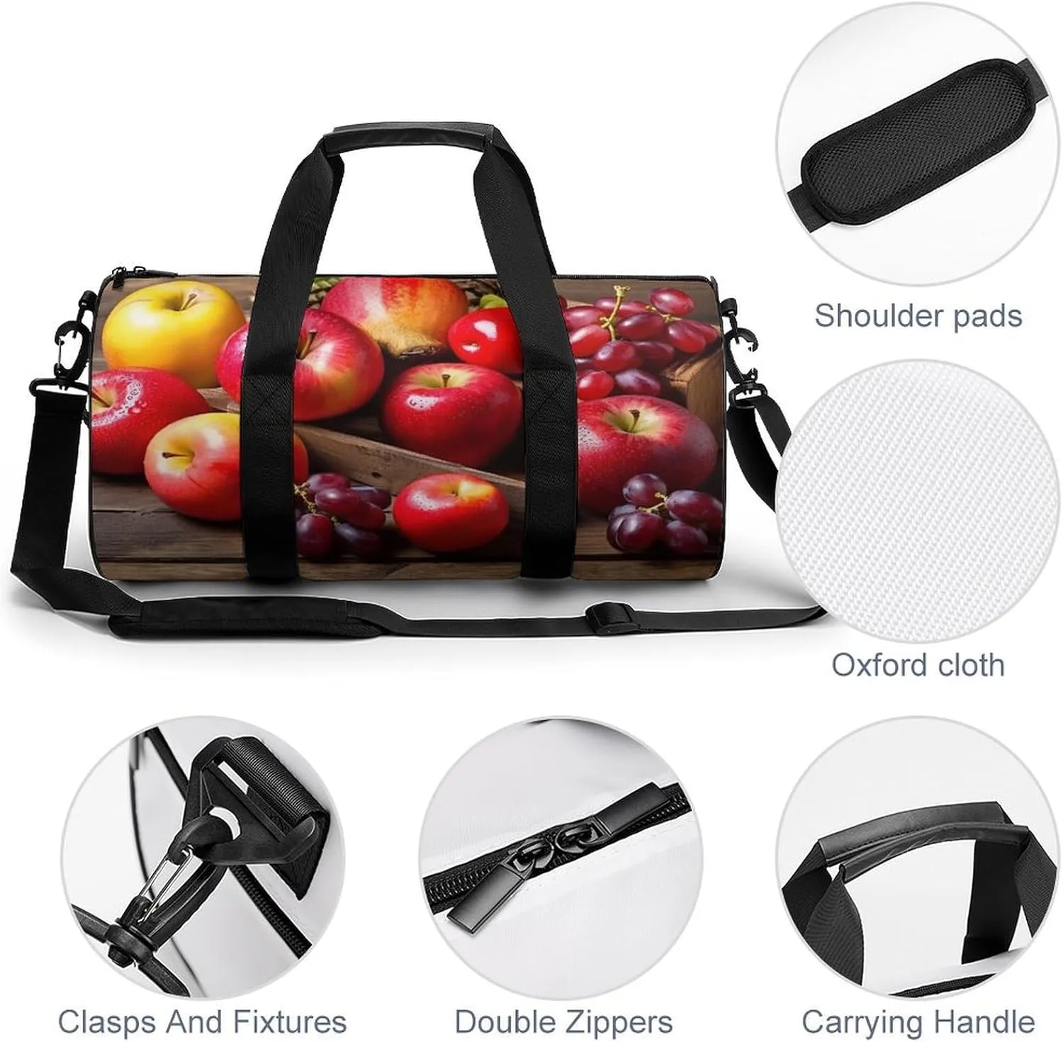 Sports Gym Bag for Women Men Travel Duffel Bag Tote Weekender Bag Fruits on Wood Carry on Overnight Bag for Travel Swimming Fitness Workout Sports Duffle Bag