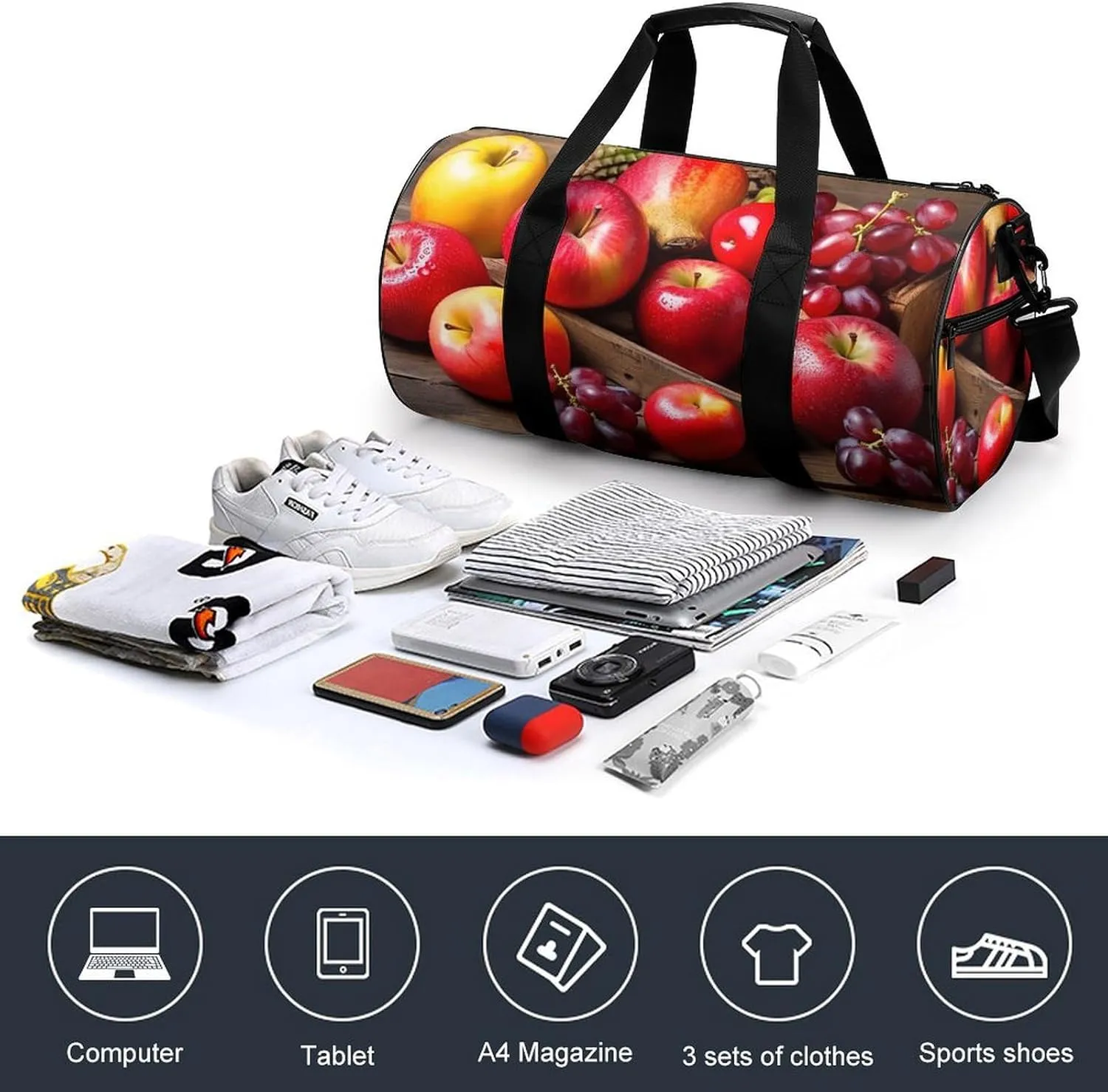 Sports Gym Bag for Women Men Travel Duffel Bag Tote Weekender Bag Fruits on Wood Carry on Overnight Bag for Travel Swimming Fitness Workout Sports Duffle Bag