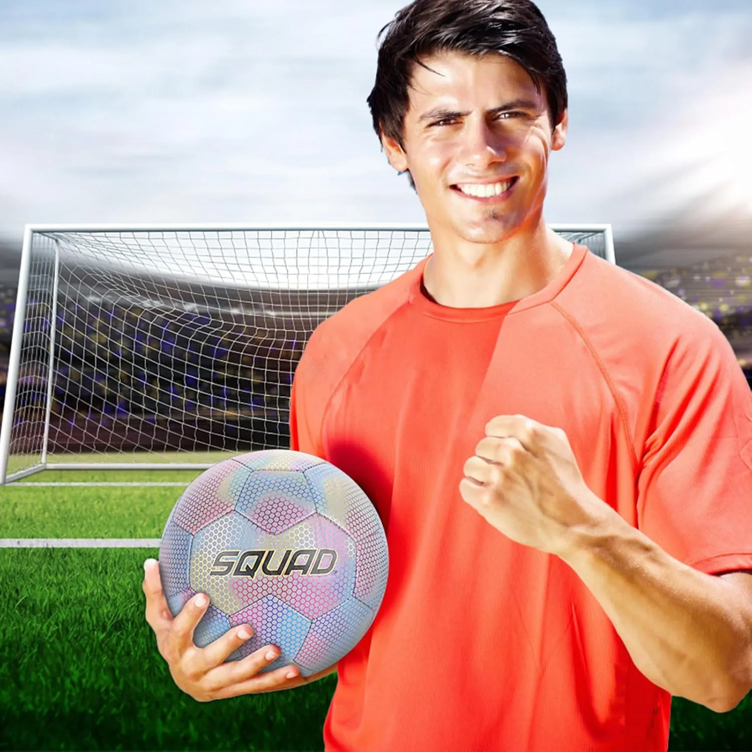 SQUAD Holographic Reflective Soccer Ball Size 5 - Reflective Glowing Ball for Night Games & Training - Durable PU Leather and Rubber Airbags - Cool & Unique Gift for Soccer Fans
