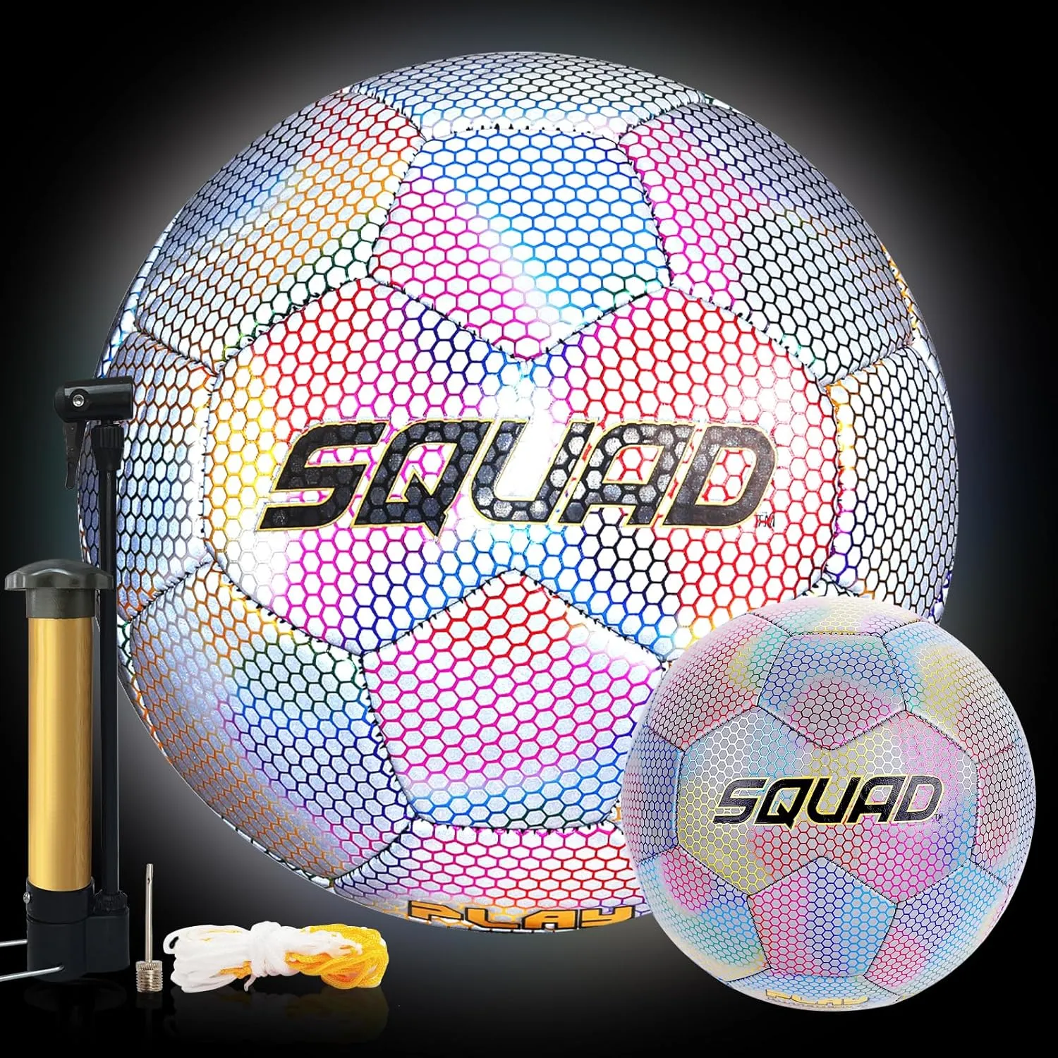 SQUAD Holographic Reflective Soccer Ball Size 5 - Reflective Glowing Ball for Night Games & Training - Durable PU Leather and Rubber Airbags - Cool & Unique Gift for Soccer Fans