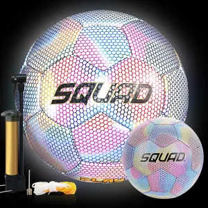 SQUAD Holographic Reflective Soccer Ball Size 5 - Reflective Glowing Ball for Night Games & Training - Durable PU Leather and Rubber Airbags - Cool & Unique Gift for Soccer Fans
