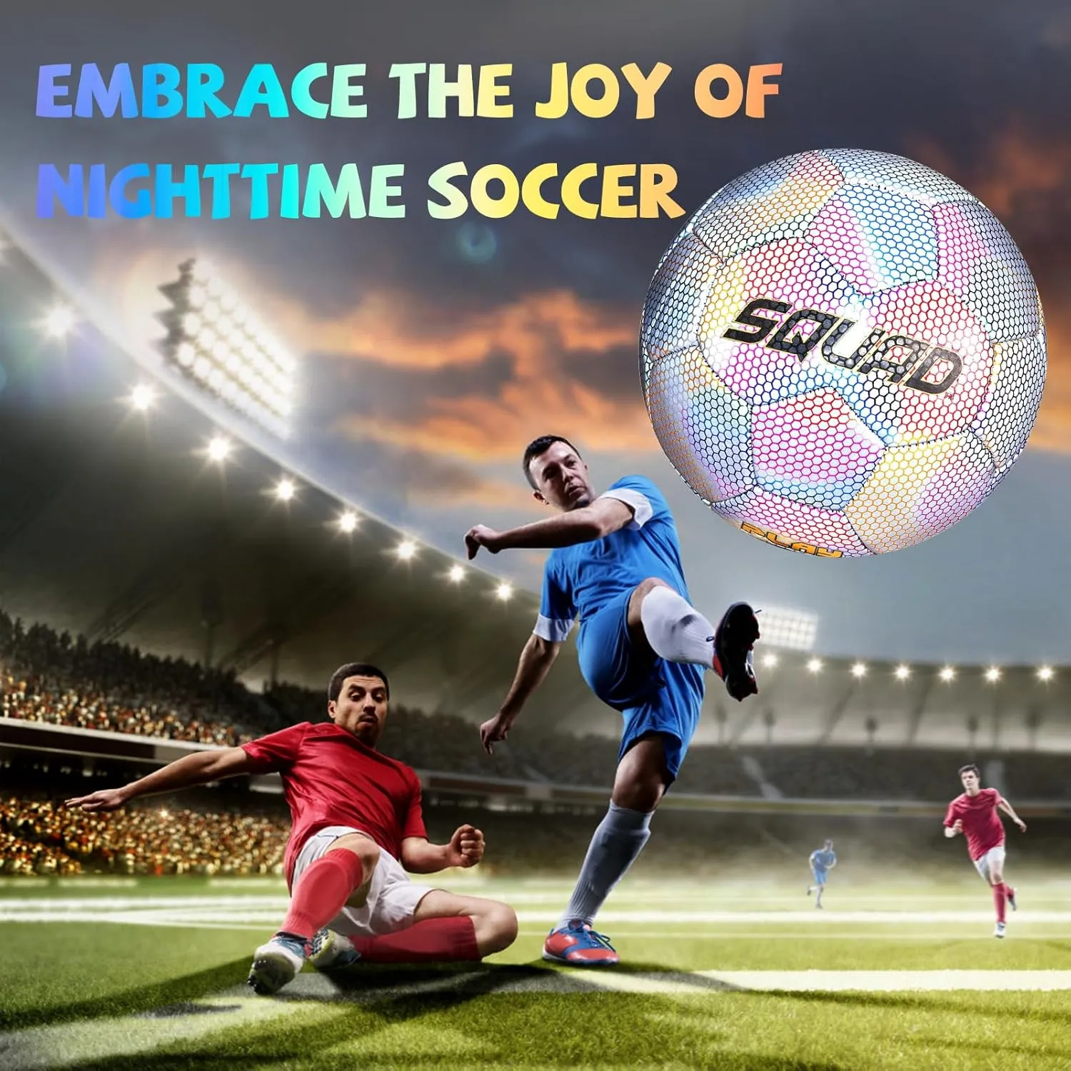 SQUAD Holographic Reflective Soccer Ball Size 5 - Reflective Glowing Ball for Night Games & Training - Durable PU Leather and Rubber Airbags - Cool & Unique Gift for Soccer Fans