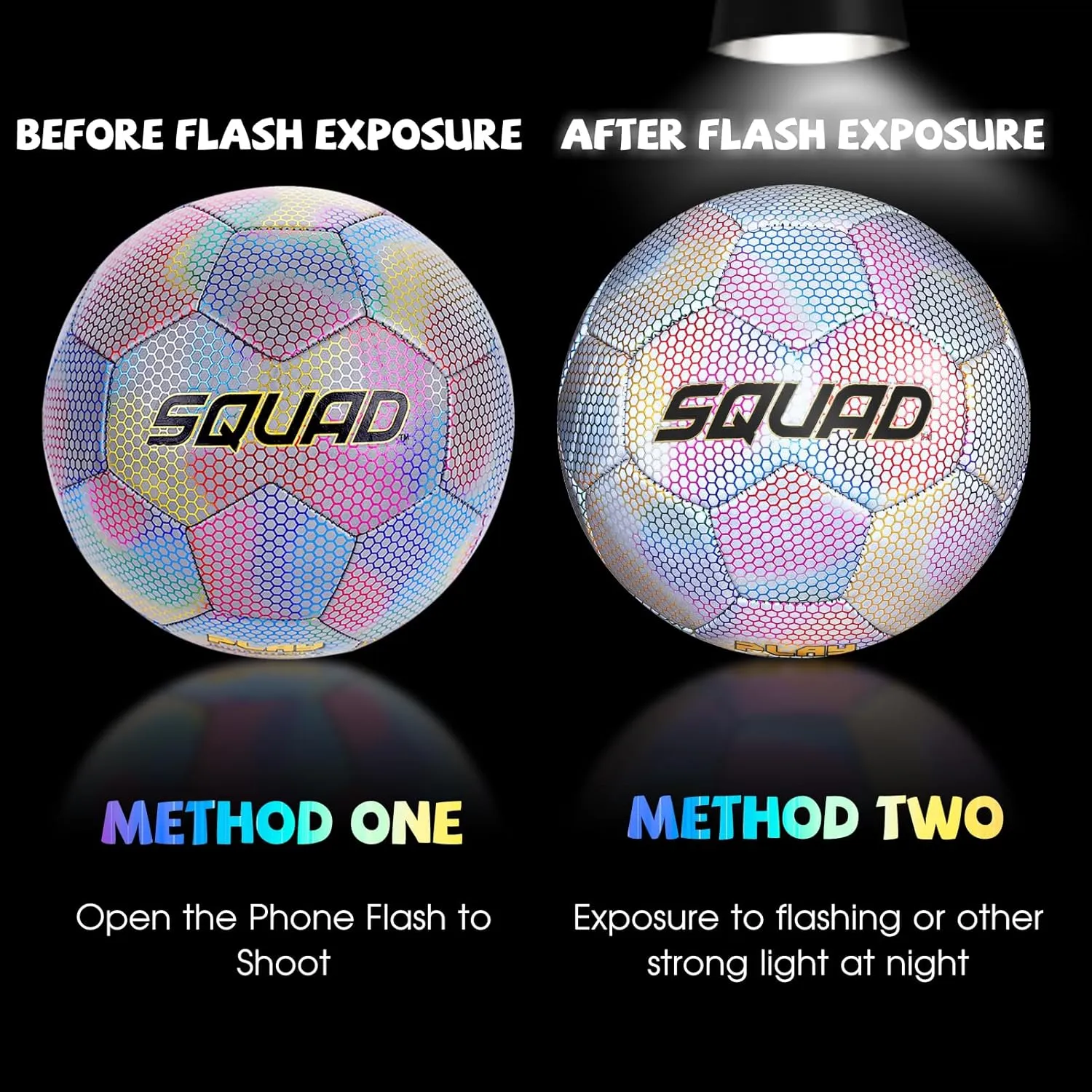 SQUAD Holographic Reflective Soccer Ball Size 5 - Reflective Glowing Ball for Night Games & Training - Durable PU Leather and Rubber Airbags - Cool & Unique Gift for Soccer Fans
