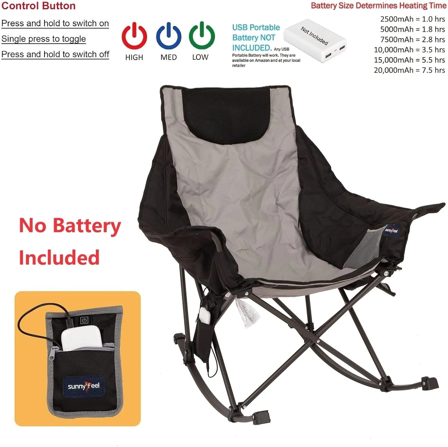 SUNNYFEEL Oversized Heated Camping Chair 2 Pack, Folding Rocking Camping Chairs with Luxury Padded Recliner,Carry Bag, 500 LBS Heavy Duty for Lawn/Outdoor/Picnic/Patio, Portable Rocker Camp Chair