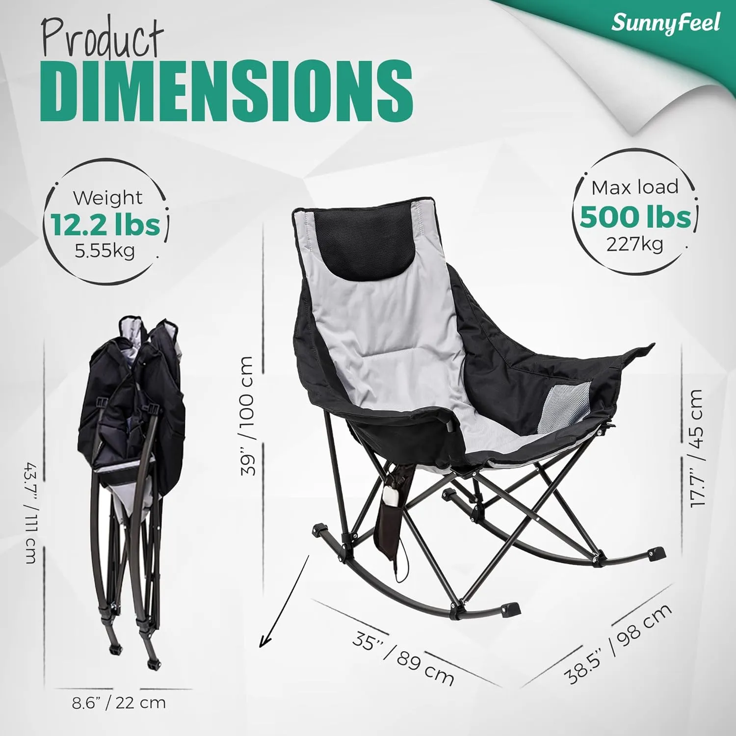 SUNNYFEEL Oversized Heated Camping Chair 2 Pack, Folding Rocking Camping Chairs with Luxury Padded Recliner,Carry Bag, 500 LBS Heavy Duty for Lawn/Outdoor/Picnic/Patio, Portable Rocker Camp Chair