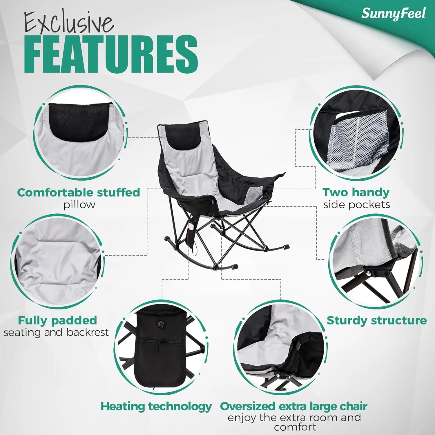 SUNNYFEEL Oversized Heated Camping Chair 2 Pack, Folding Rocking Camping Chairs with Luxury Padded Recliner,Carry Bag, 500 LBS Heavy Duty for Lawn/Outdoor/Picnic/Patio, Portable Rocker Camp Chair