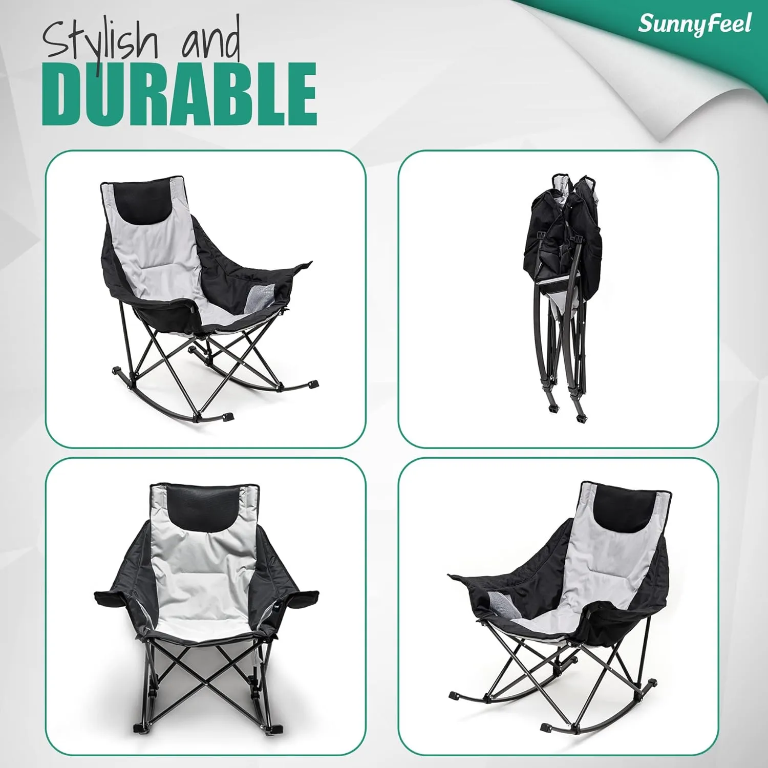 SUNNYFEEL Oversized Heated Camping Chair 2 Pack, Folding Rocking Camping Chairs with Luxury Padded Recliner,Carry Bag, 500 LBS Heavy Duty for Lawn/Outdoor/Picnic/Patio, Portable Rocker Camp Chair