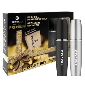 Travalo Lux Perfume Atomizer Gift Set Black & Silver - 2 Pc Leak-Proof, Airtight, Easy to Fill Mini Spray Bottles - Travel Size Perfume Refill Bottle with Polished Metal Alloy Outer Shell