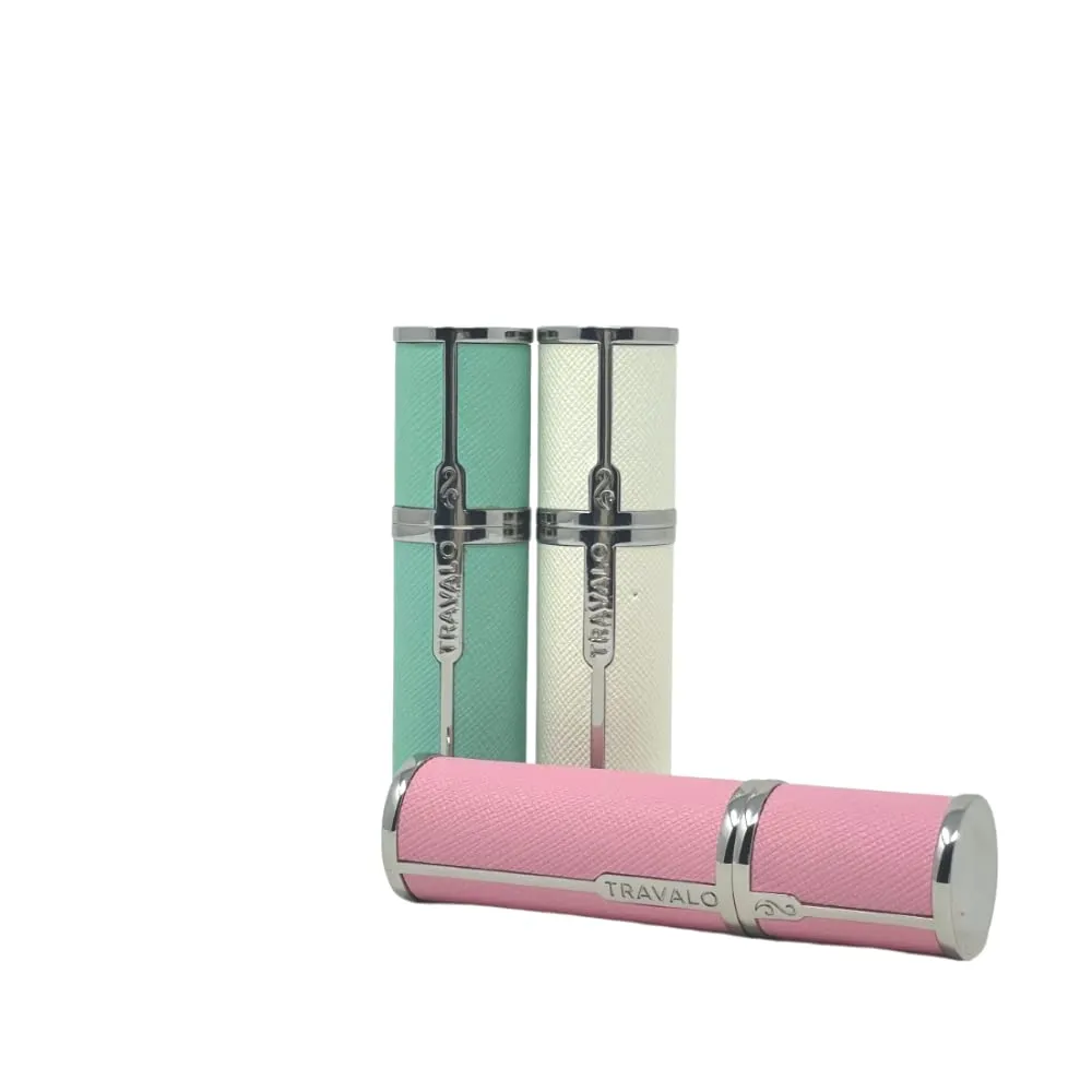 Travalo Milano Perfume Atomizer Bundle - Leak-Proof and TSA Approved for Air Travel - Reusable, Easy Fill Mini Pump Sprayer - Vegan Leather w/Polished Metal - White, Aqua, Perfect Pink - 3 Pack