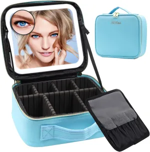 Travel Makeup Bag with Large Lighted Mirror, 3 Color Scenarios Lighted Makeup Organizer Case with Adjustable Dividers and Brush Board, Cosmetic Make up Storage Case for Women