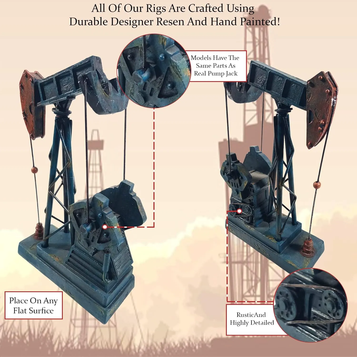 Urbalabs Oil Derricks Vintage Office Desk Statues Nodding Donkey Pumpjack Oilfield Memorabilia Derrick Small Oil Rig Recycler Sculpture Green, Cream, Teal Pumpjack Oil Rig Presents (Blue)