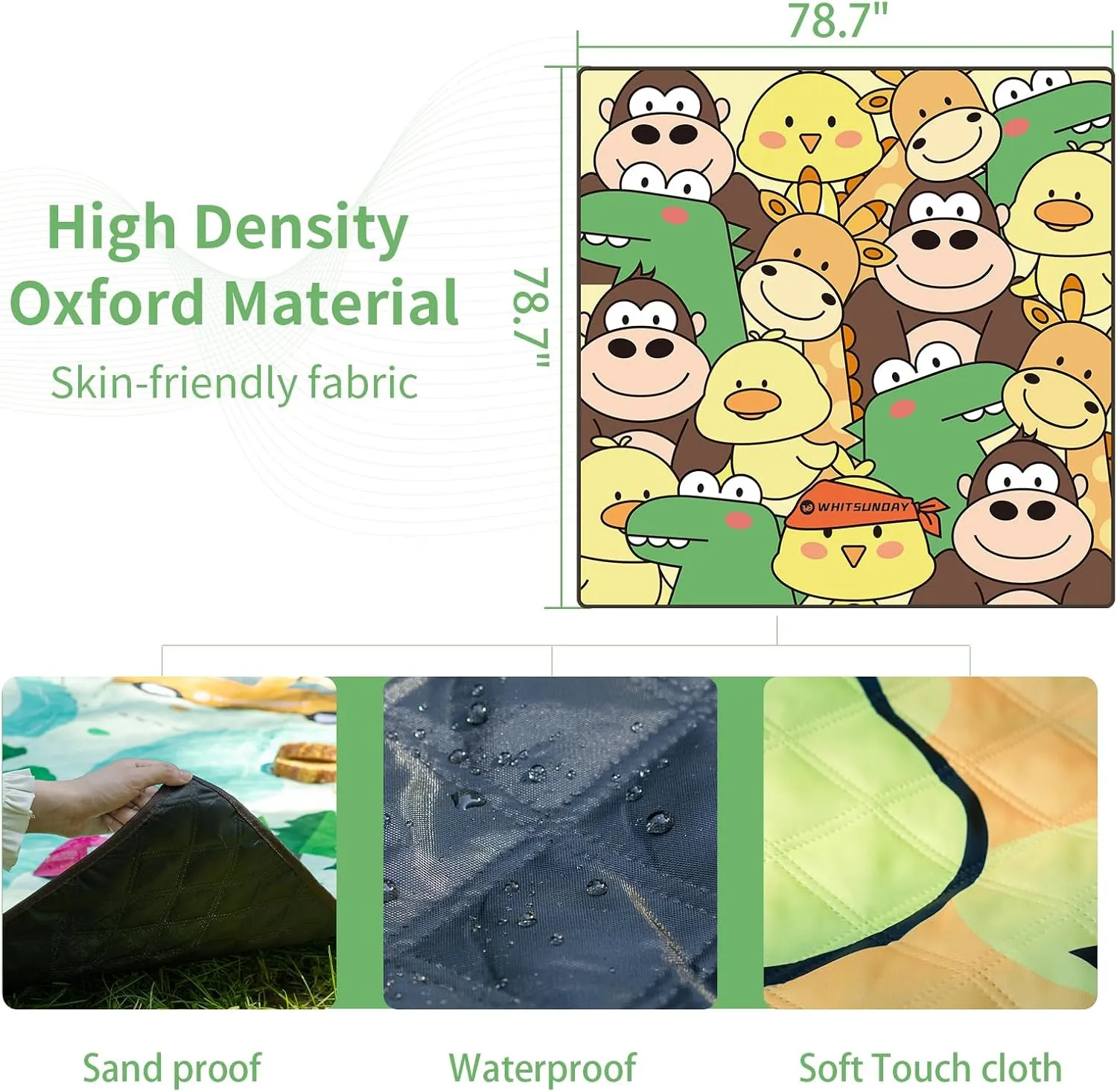 Whitsunday Picnic Blankets, Extra Large 80"x 80" Outdoor Kids Blanket,Machinewashable Camping Mat Waterproof & Sandproof Foldable for Camping, Beach, Park(Animal)