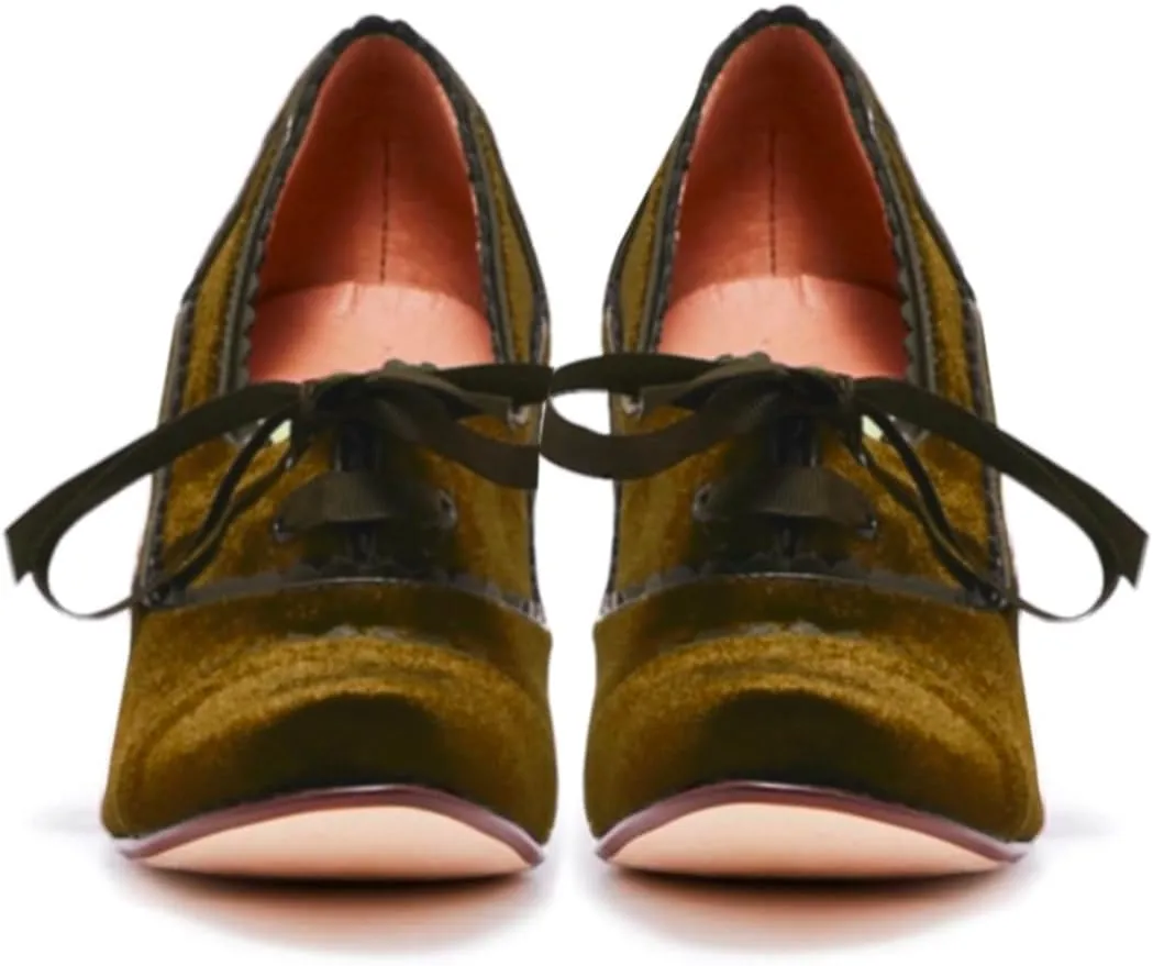 Women Lace Up Loafers Pumps Velvet Chunky Heel Oxford Shoes Round Toe Vintage 2 inch Block Heel Dress Shoes Cap Toe Loafer Heels Suede Retro Evening Wedding Office Ladies 4-11 M US