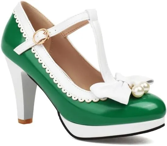 Women Lolita Bow Mary Jane Pumps Shoes Almond Toe Cone Heels with Pearls