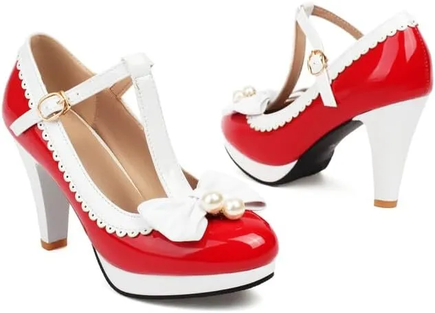 Women Lolita Bow Mary Jane Pumps Shoes Almond Toe Cone Heels with Pearls