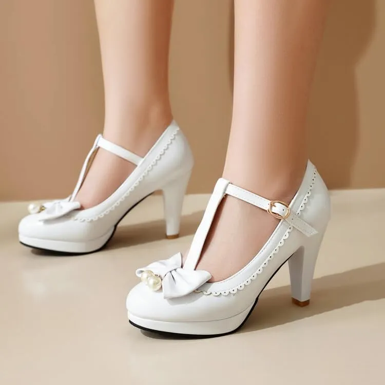 Women Lolita Bow Mary Jane Pumps Shoes Almond Toe Cone Heels with Pearls