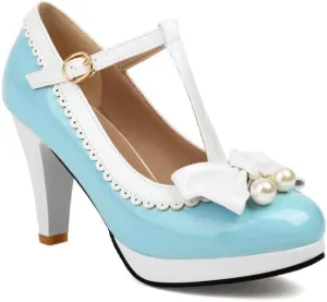 Women Lolita Bow Mary Jane Pumps Shoes Almond Toe Cone Heels with Pearls