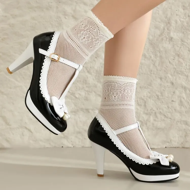 Women Lolita Bow Mary Jane Pumps Shoes Almond Toe Cone Heels with Pearls