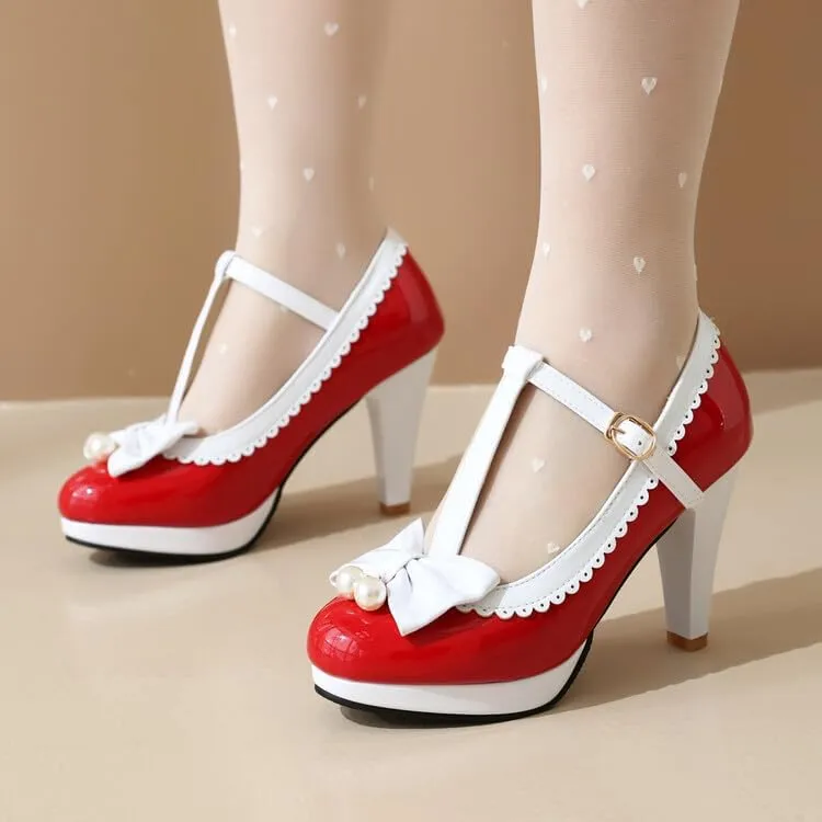 Women Lolita Bow Mary Jane Pumps Shoes Almond Toe Cone Heels with Pearls