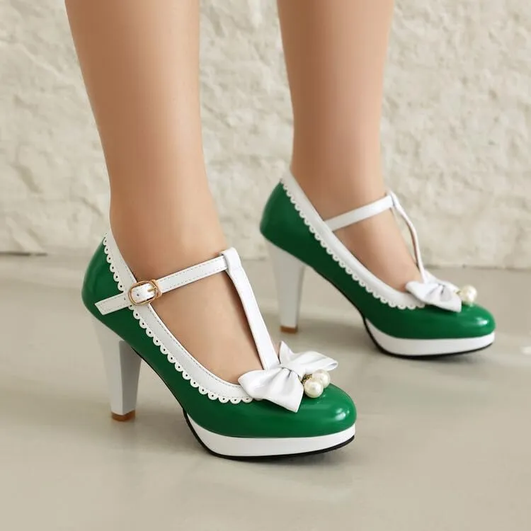 Women Lolita Bow Mary Jane Pumps Shoes Almond Toe Cone Heels with Pearls