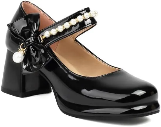 Women Platform Bow Mary Jane Pumps Shoes Chunky High Heels with Pearls