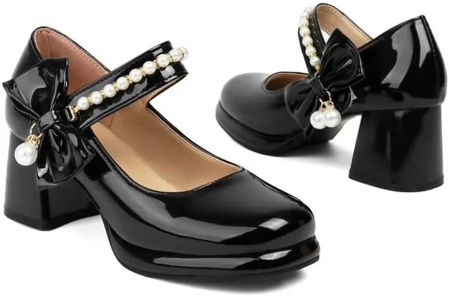 Women Platform Bow Mary Jane Pumps Shoes Chunky High Heels with Pearls