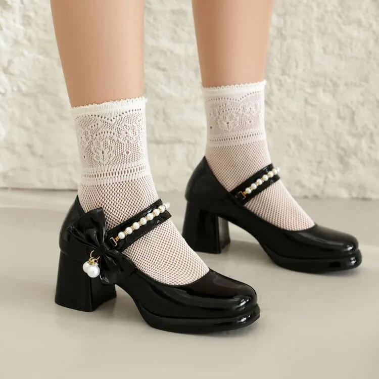 Women Platform Bow Mary Jane Pumps Shoes Chunky High Heels with Pearls