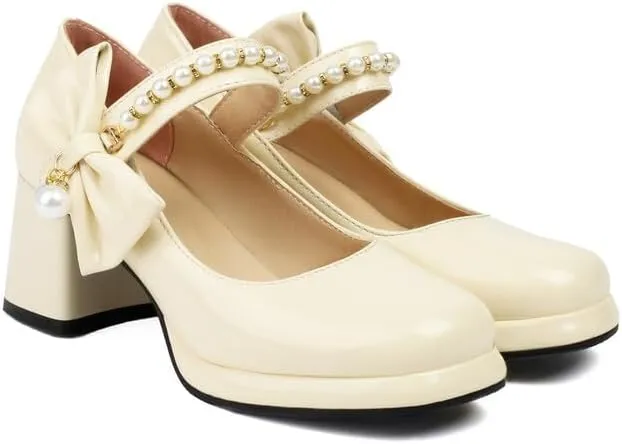 Women Platform Bow Mary Jane Pumps Shoes Chunky High Heels with Pearls