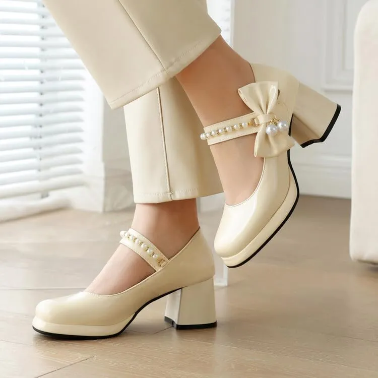 Women Platform Bow Mary Jane Pumps Shoes Chunky High Heels with Pearls