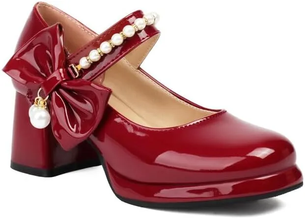 Women Platform Bow Mary Jane Pumps Shoes Chunky High Heels with Pearls