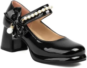 Women Platform Bow Mary Jane Pumps Shoes Chunky High Heels with Pearls