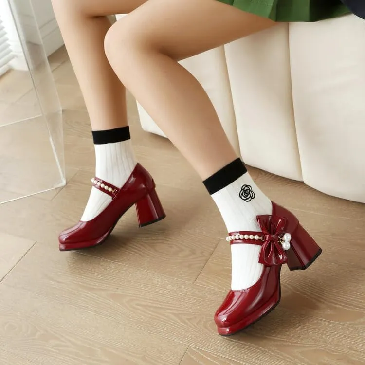 Women Platform Bow Mary Jane Pumps Shoes Chunky High Heels with Pearls