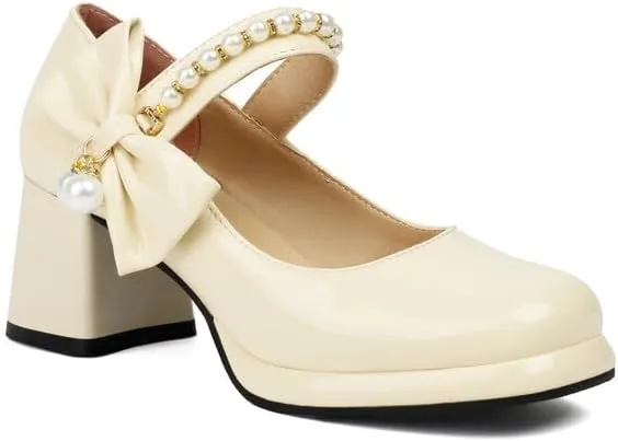 Women Platform Bow Mary Jane Pumps Shoes Chunky High Heels with Pearls