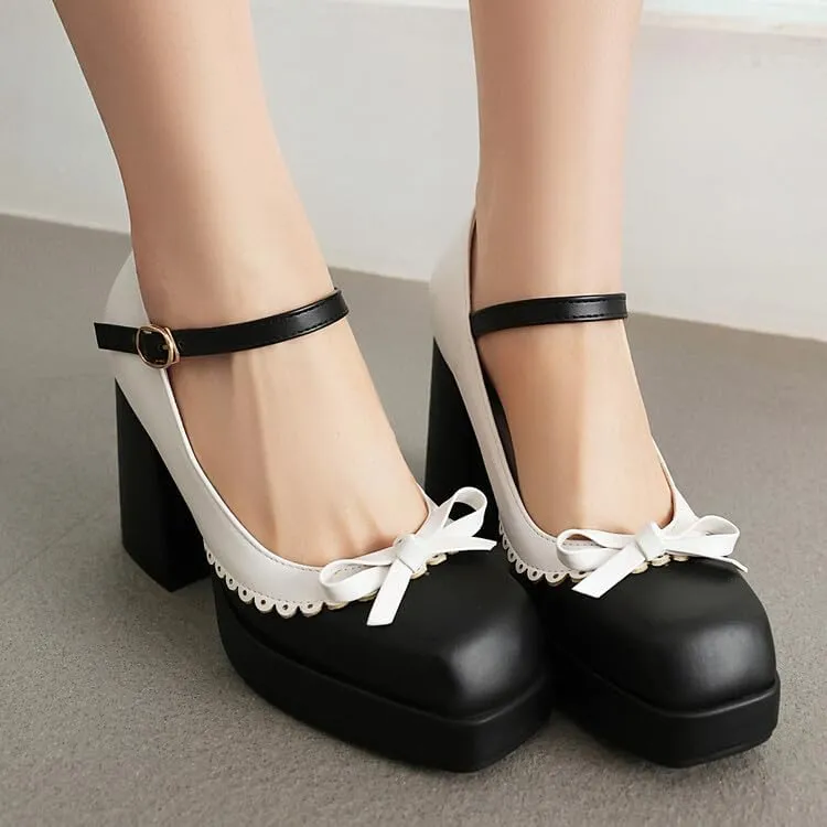Women Platform Bow Mary Jane Pumps Shoes Square Toe Chunky High Heels Mixed Colors
