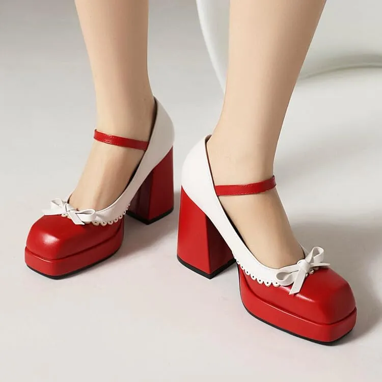Women Platform Bow Mary Jane Pumps Shoes Square Toe Chunky High Heels Mixed Colors