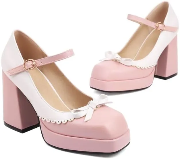 Women Platform Bow Mary Jane Pumps Shoes Square Toe Chunky High Heels Mixed Colors