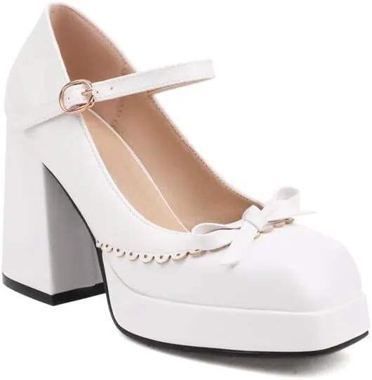 Women Platform Bow Mary Jane Pumps Shoes Square Toe Chunky High Heels Mixed Colors