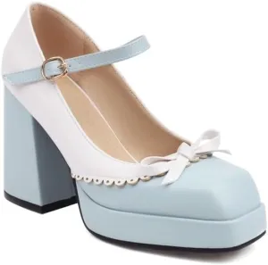 Women Platform Bow Mary Jane Pumps Shoes Square Toe Chunky High Heels Mixed Colors