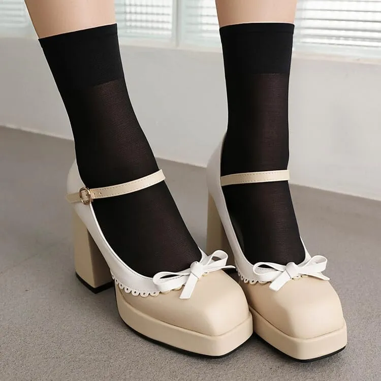 Women Platform Bow Mary Jane Pumps Shoes Square Toe Chunky High Heels Mixed Colors