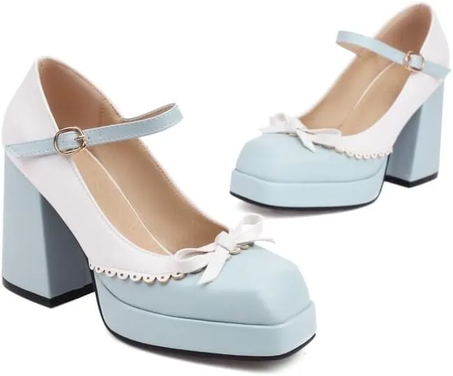 Women Platform Bow Mary Jane Pumps Shoes Square Toe Chunky High Heels Mixed Colors