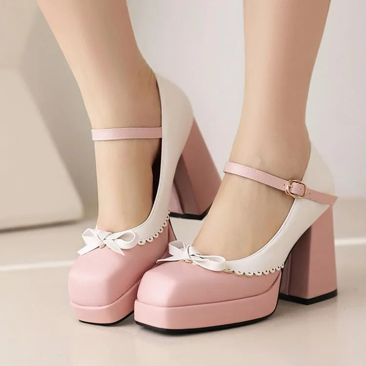 Women Platform Bow Mary Jane Pumps Shoes Square Toe Chunky High Heels Mixed Colors