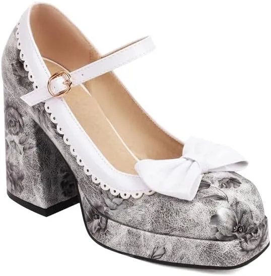 Women Platform Bow Mary Jane Pumps Shoes Square Toe Chunky High Heels with Floral Pattern