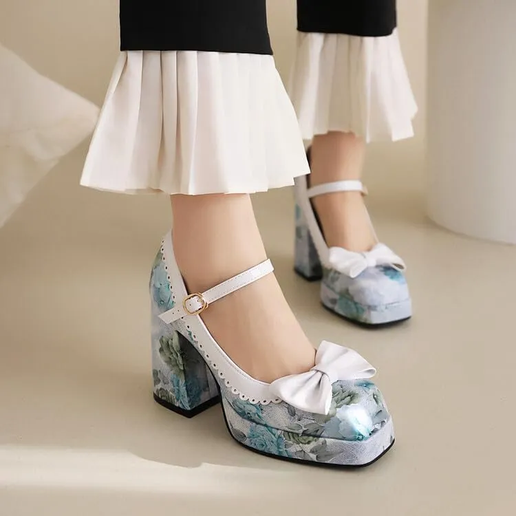 Women Platform Bow Mary Jane Pumps Shoes Square Toe Chunky High Heels with Floral Pattern