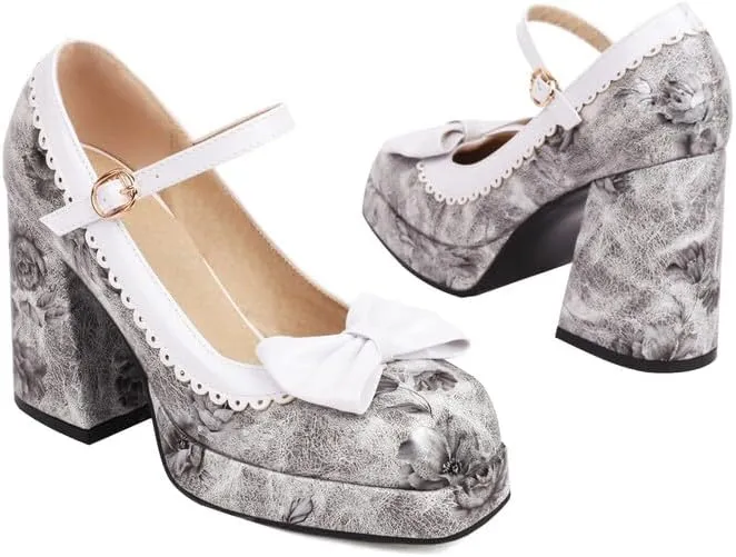 Women Platform Bow Mary Jane Pumps Shoes Square Toe Chunky High Heels with Floral Pattern