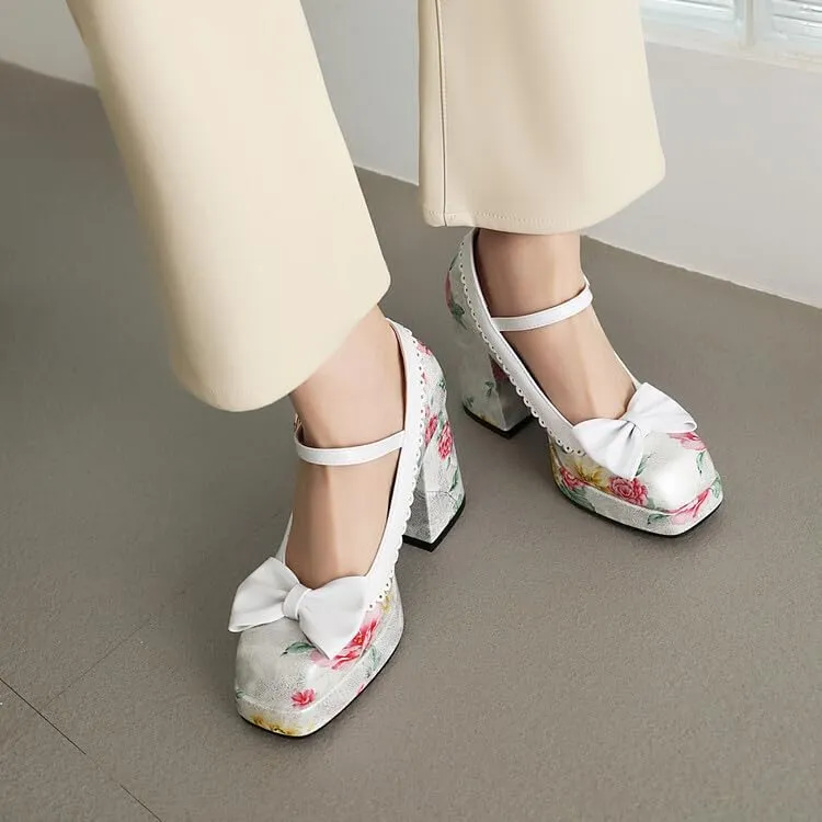 Women Platform Bow Mary Jane Pumps Shoes Square Toe Chunky High Heels with Floral Pattern